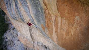 Chris Sharma climbs the Sleeping Lion in Siurana, Spain in a shot from Reel Rock S9 E8