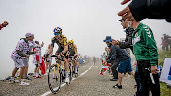 Wout van Aert rides up the the Col de Soudet in the mist during Stage 5 from Pau to Laruns of the 110th Tour de France on 5 July 2023.