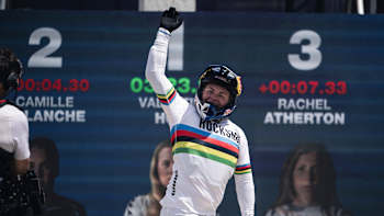 Vali Höll waves at the UCI MTB World Cup in Leogang, Austria on June 17, 2023.