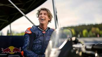 Fabio Wibmer poses for a photo on his bike in Spielberg, Austria, in 2024