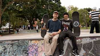 Milton Martinez and Madars Apse smile at a skate park in Mar del Plata, Argentina, during Season 4 of Skate Tales