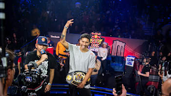 B-Boy Victor from the USA celebrates his victory of the Red Bull BC One World Final at Hammerstein Ballroom in New York, USA, on November 12, 2022