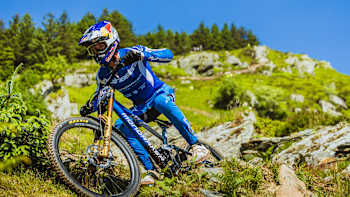 Ronan Dunne participates at Red Bull Hardline 2024 in Dinas Mawydd, Wales.