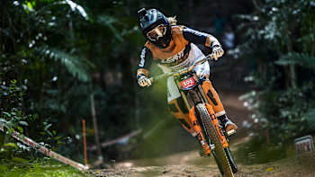 Jenna Hastings competes in the downhill race at Crankworx Cairns, Australia in 2023