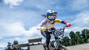 Mariana Pajón fährt während ihres Trainings in Bogotá, Kolumbien, am 23. August 2023