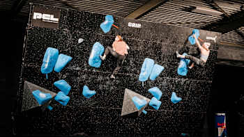 On December 15, 2025, Shauna Coxsey and Erin McNeice scale challenging routes at the PCL Test Event in Nijmegen, Netherlands