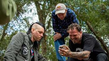 Madars Apse and Bam Margera check footage during Red Bull Skate Tales season 5 filming in Orlando, Florida, USA, on 18 February 2025, capturing action and skateboarding spirit
