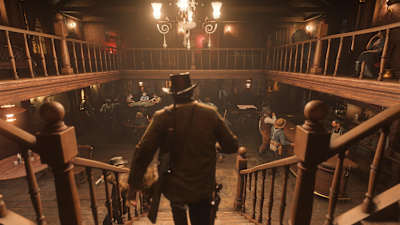 Screenshot of a saloon scene in Red Dead Redemption 2.