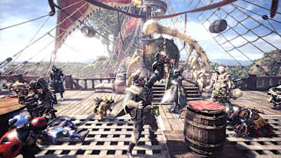 Screenshot of a character on a ship in Monster Hunter: World video game.