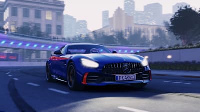 Une voiture Mercedes AMG GTR sur les routes de Shanghai dans le jeu vidéo de course Project Cars 3 développé par Slightly Mad Studios.