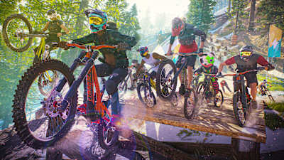 A screenshot of a mass race in the video game Riders Republic.