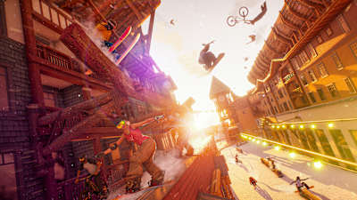 Screenshot of players skiing in the vidoe game Riders Republic by Ubisoft.