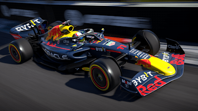 An in-game screenshot of Sergio Perez’s RB18 hurtling through the Miami International Autodrome
