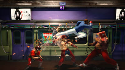 Ein Charakter springt mit einem Tritt in eine Gruppe aus 3 Feinden