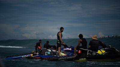 Lucas Chianca rides a jetski at Teahupo'o in Tahiti.