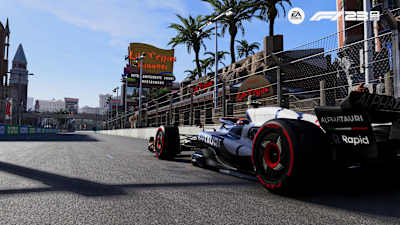 Captura de pantalla de F1 23 muestra el AlphaTauri en el circuito urbano de Las Vegas.