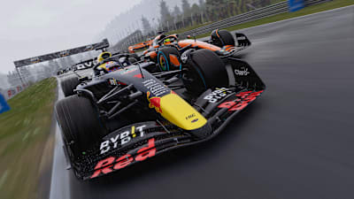 Screenshot from F1 24 shows Max Verstappen's car in a duel with McLaren in the rain in Australia.