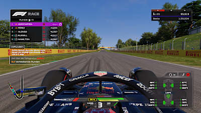 Screenshot aus F1 24 zeigt Max Verstappen im Auto auf dem Kurs von Imola.