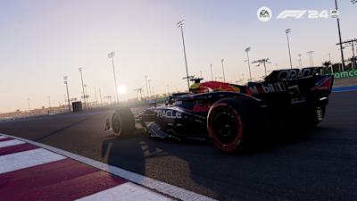 Screenshot from F1 24 shows Max Verstappen during the time trial in Qatar at sunset.
