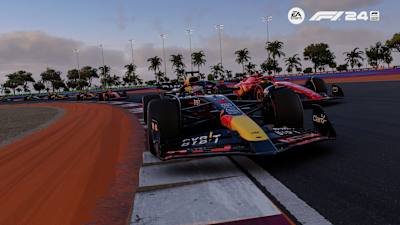 Screenshot from F1 24 shows Max Verstappen ahead of Carlos Sainz in the lead.