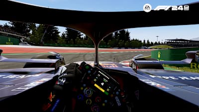 Screenshot from F1 24 shows the Red Bull RB 20 in the last corner at the Red Bull Ring.