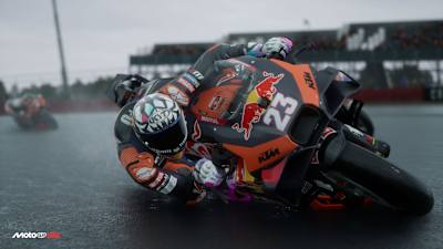 Screenshot from MotoGP 25 shows Red Bull KTM Tech3's Enea Bastianini in the race.