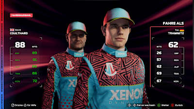 Screenshot aus F1 25 zeigt die Fahrerpaarung aus David Coulthard und Tim Tramnitz im MyTeam-Modus.