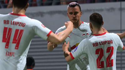 Os jogadores do RB Leipzig comemoram um gol no FC 26.