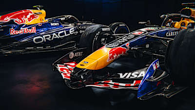 Red Bull Racing's RB22, a Formula One single-seater with an aerodynamic design, presented in the studio.