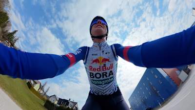 Maxim Van Gils riding outside for the first time after his crash