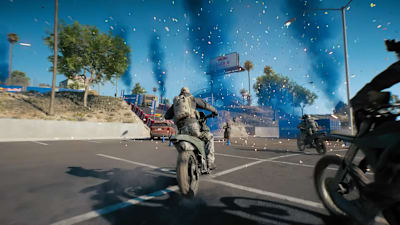 Motorcyclists race in a scene from Battlefield 6's REDSEC.   