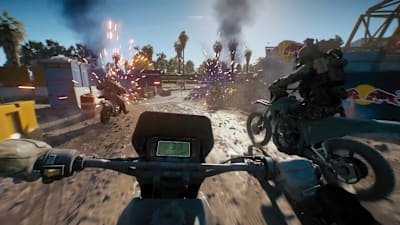 Motorcyclists race in a scene from Battlefield 6's REDSEC.  