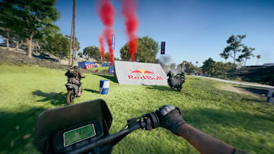 Motorcyclists race towards a Red Bull ramp in a scene from Battlefield 6's REDSEC.  