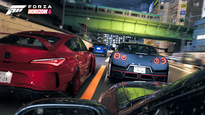 Screenshot from Forza Horizon 6 shows a night race in Tokyo.