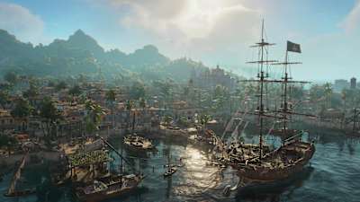 A screenshot of the Jackdaw docked in Assassin's Creed: Black Flag Resynced.