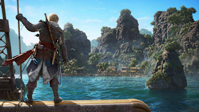 Screenshot aus Assassin's Creed Black Flag: Resynced zeigt Edward Kenway auf dem Schiff beim Ansteuern einer malerischen Insel.