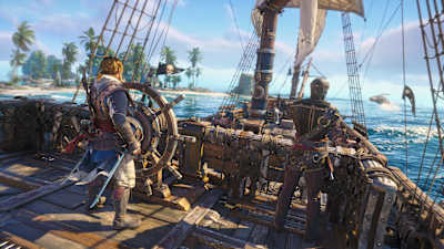 Edward Kenway at the helm of the Jackdaw in Assassin's Creed Black Flag Resynced. 