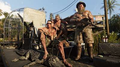 Members of the swamp community with alligators in Grand Theft Auto VI.