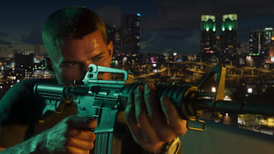 Jason Duval aims with an assault rifle in Grand Theft Auto VI / GTA 6.