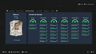 A screenshot from EA FC 27 showing the attributes of Icon Maicon.