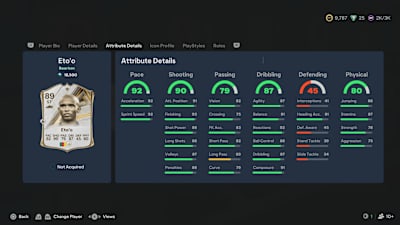 A screenshot from EA FC 27 showing the attributes of Icon Samuel Eto'o.