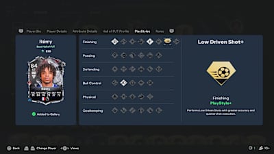 A screenshot from EA FC 27 showing the Low Driven Shot Playstyle for Loïc Rémy.
