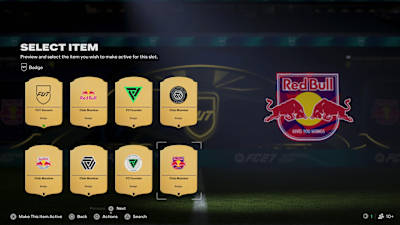 A screenshot from EA FC 27 showing players in Red Bull cosmetics.