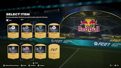 A screenshot from EA FC 27 showing players in Red Bull cosmetics.