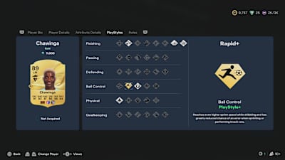 A screenshot from EA FC 27 showing the Rapid Playstyle for Tabitha Chaŵinga.