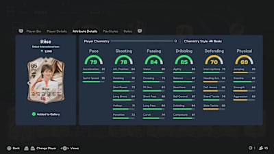 A screenshot from EA FC 27 showing the attributes of Icon Hege Riise.