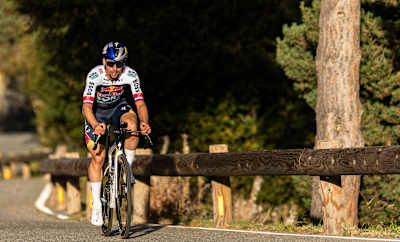 In October 2025, Primož Roglič of Red Bull - BORA - hansgrohe cycling team is captured powering up a scenic mountain road during the Andorra Cycling Masters Movie