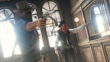 Arthur Morgan and an associate stage a robbery