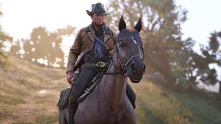 Arthur Morgan rides a horse in Red Dead Redemption 2.