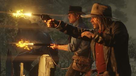 Arthur Morgan gunfights in Red Dead Redemption 2, the new video game by Rockstar Games.